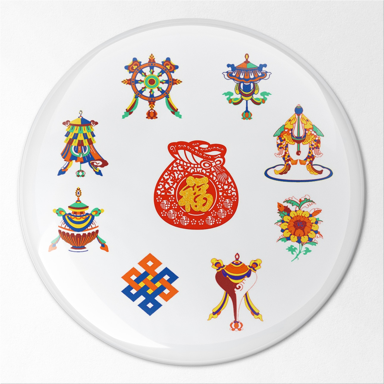 8112-Abtibild-stiker-3D-cu-cele-8-simboluri-tibetane-si-sacul-abundentei-fata