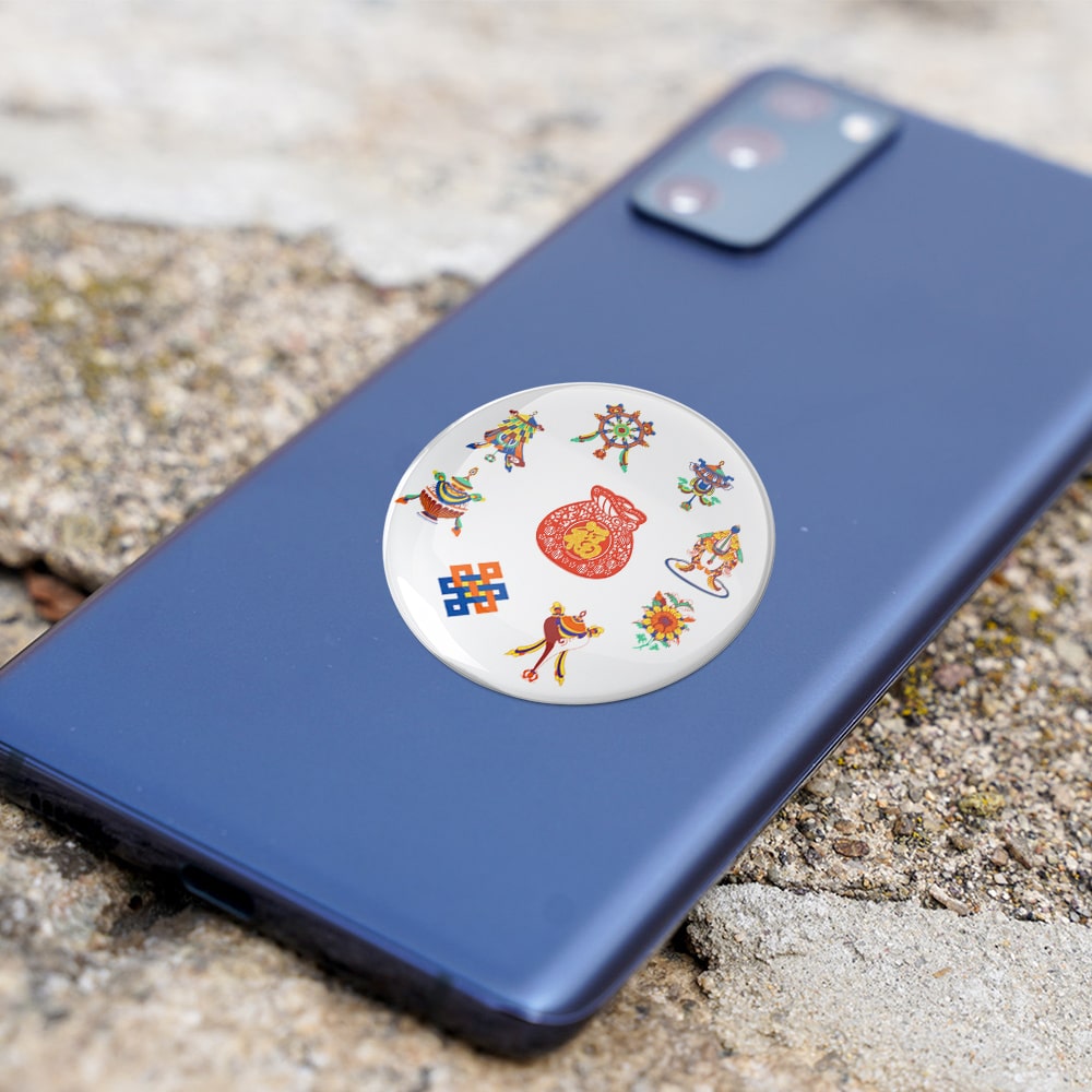 8112-Abtibild-stiker-3D-cu-cele-8-simboluri-tibetane-si-sacul-abundentei-telefon