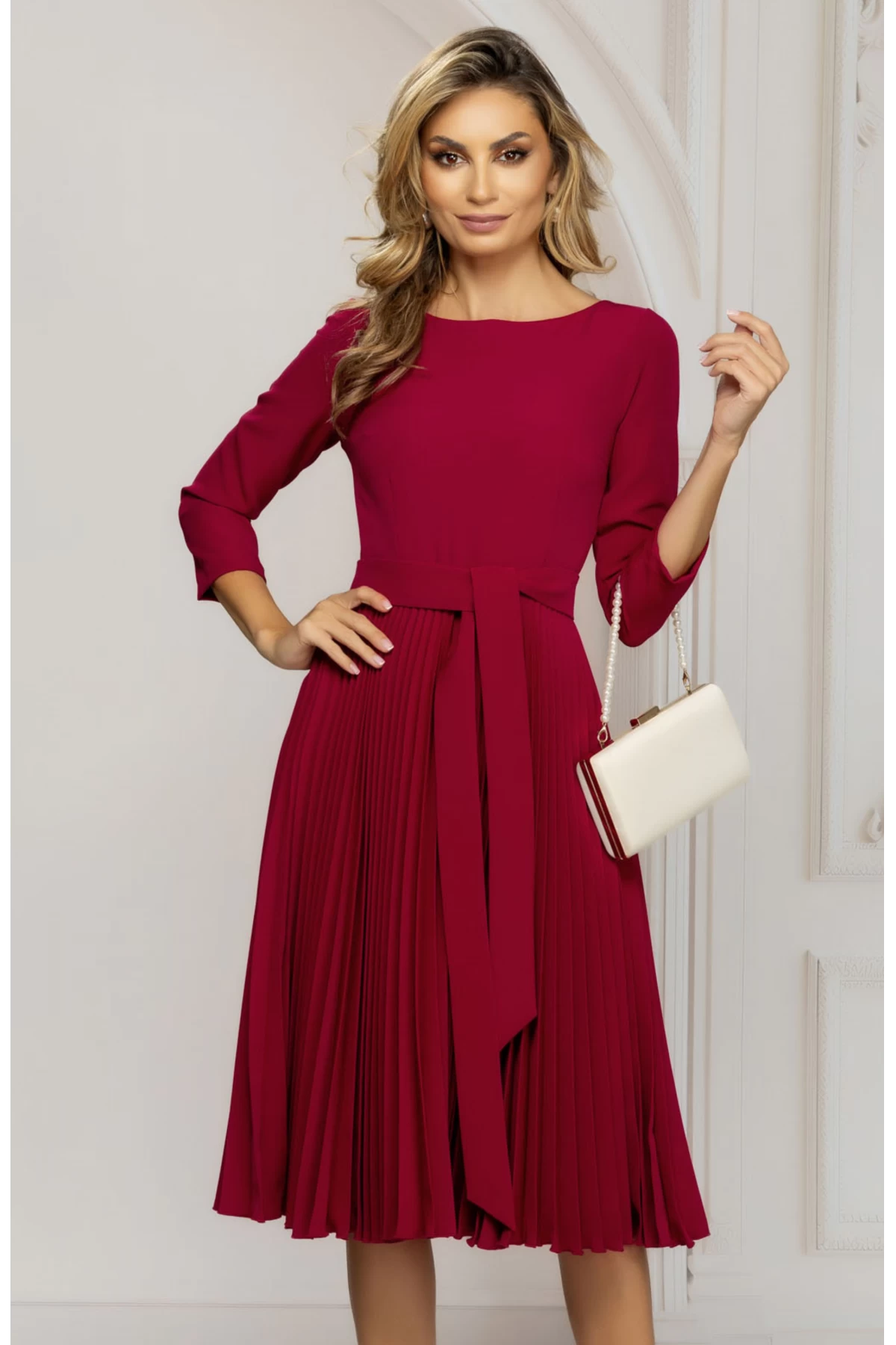 rochie-de-zi-rosie-midi-cu-fusta-plisata-si-cordon-in-talie_86491