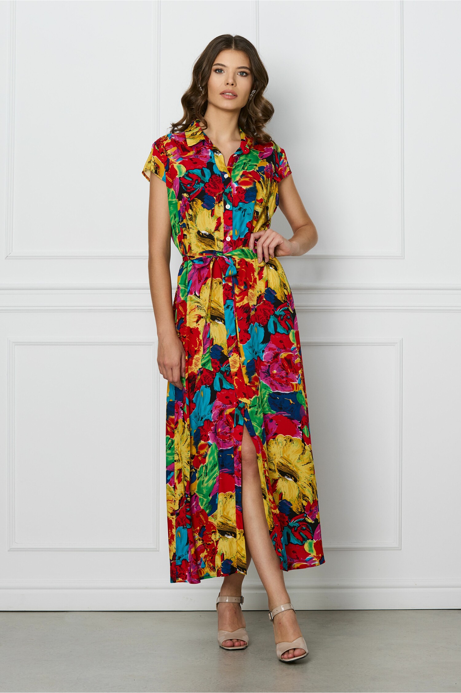 rochie-denisa-rosie-cu-imprimeuri-galbene-si-cordon-in-talie-1309988-1061627-4