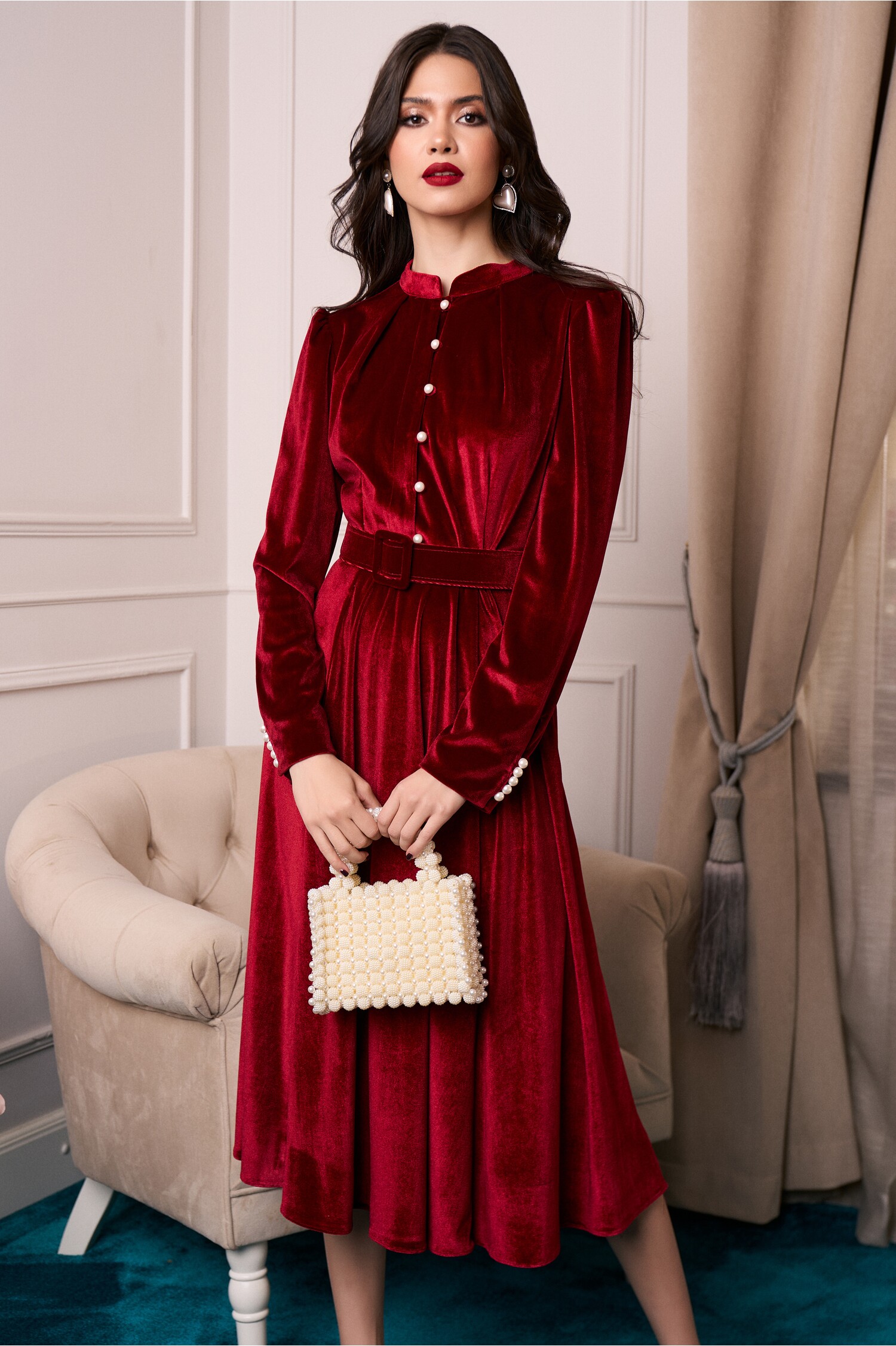 rochie-dy-fashion-eleganta-din-catifea-bordo-cu-nasturi-si-curea-in-talie-1342214-1088933-4