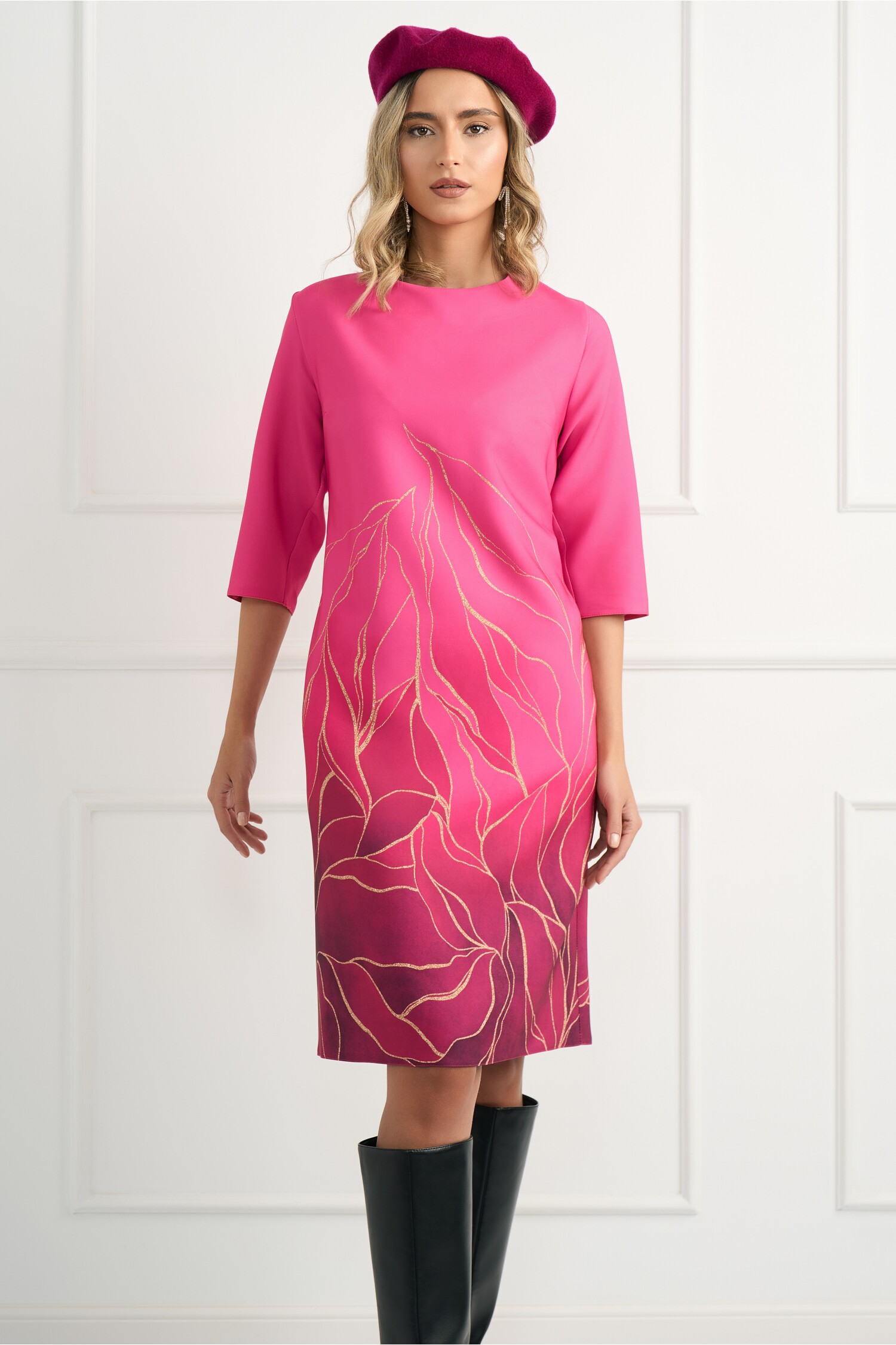 rochie-office-din-stofa-fucsia-cu-imprimeu-galben-la-baza-1341053-1088291-4