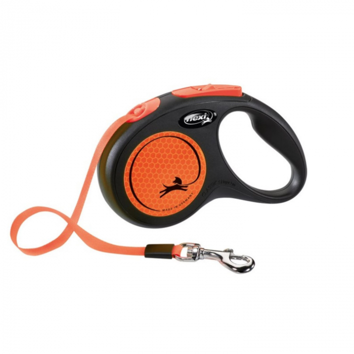lesa-pentru-caini-new-classic-neon-banda-flexi-retractabil-pana-la-15-kg-s-5-metri-portocaliu-108075
