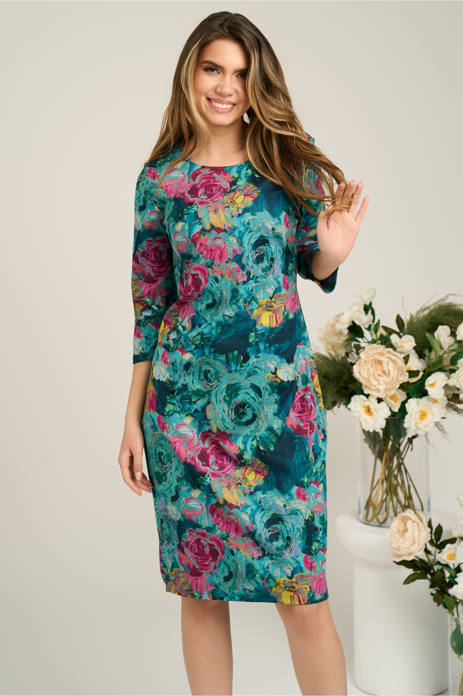 rochie-office-din-viscoza-verde-cu-trandafir-roz-1362377-1102319-4